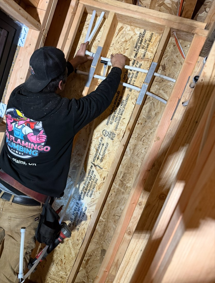 Pink Flamingo plumber installing PEX water lines during a new construction rough-in